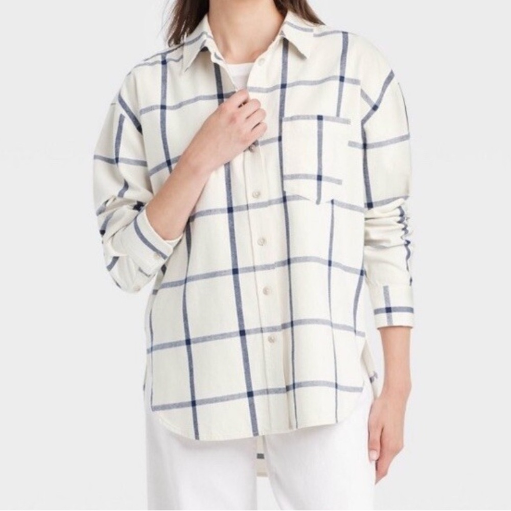 NWT Universal Thread Cream and Blue Plaid Oversize “Boyfriend” Shirt Sz XS (S-L)